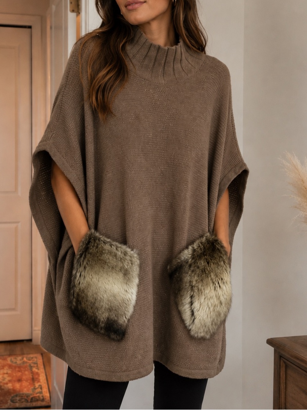 Mink Fur Pocket Italian Lambwool  Knit Poncho Sweater - Taupe